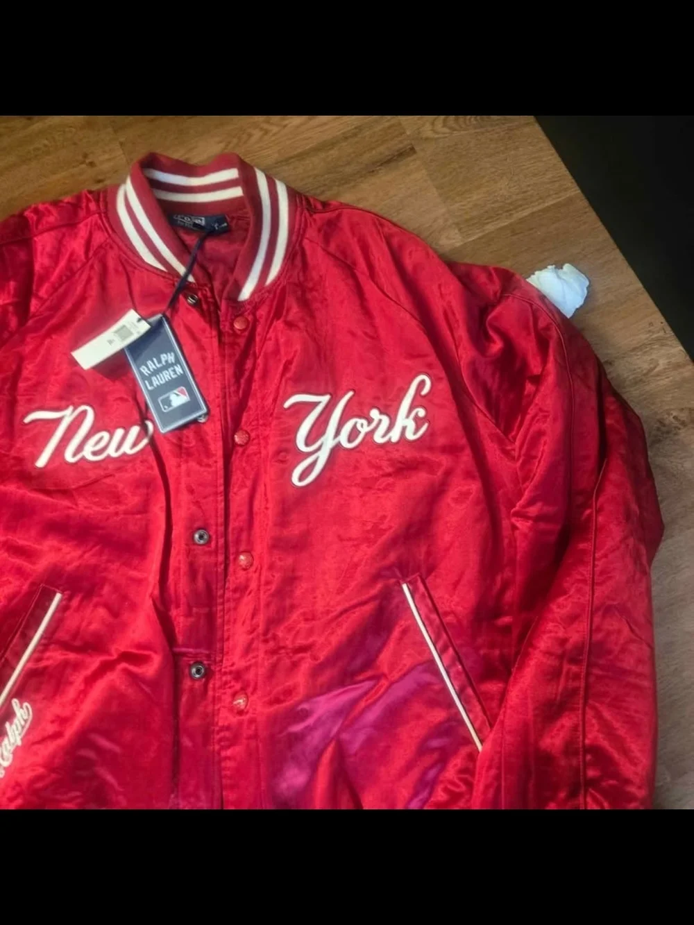 Ralph Lauren Red New York Satin Bomber Jacket
